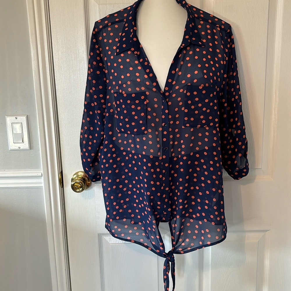 Reitmans 3/4 sleeve navy polka dot blouse, size XL